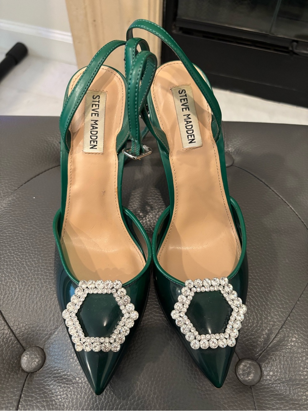 Steve Madden Emerald Green Slingback Pointed Toe Pumps with Rhinestone Buckle
